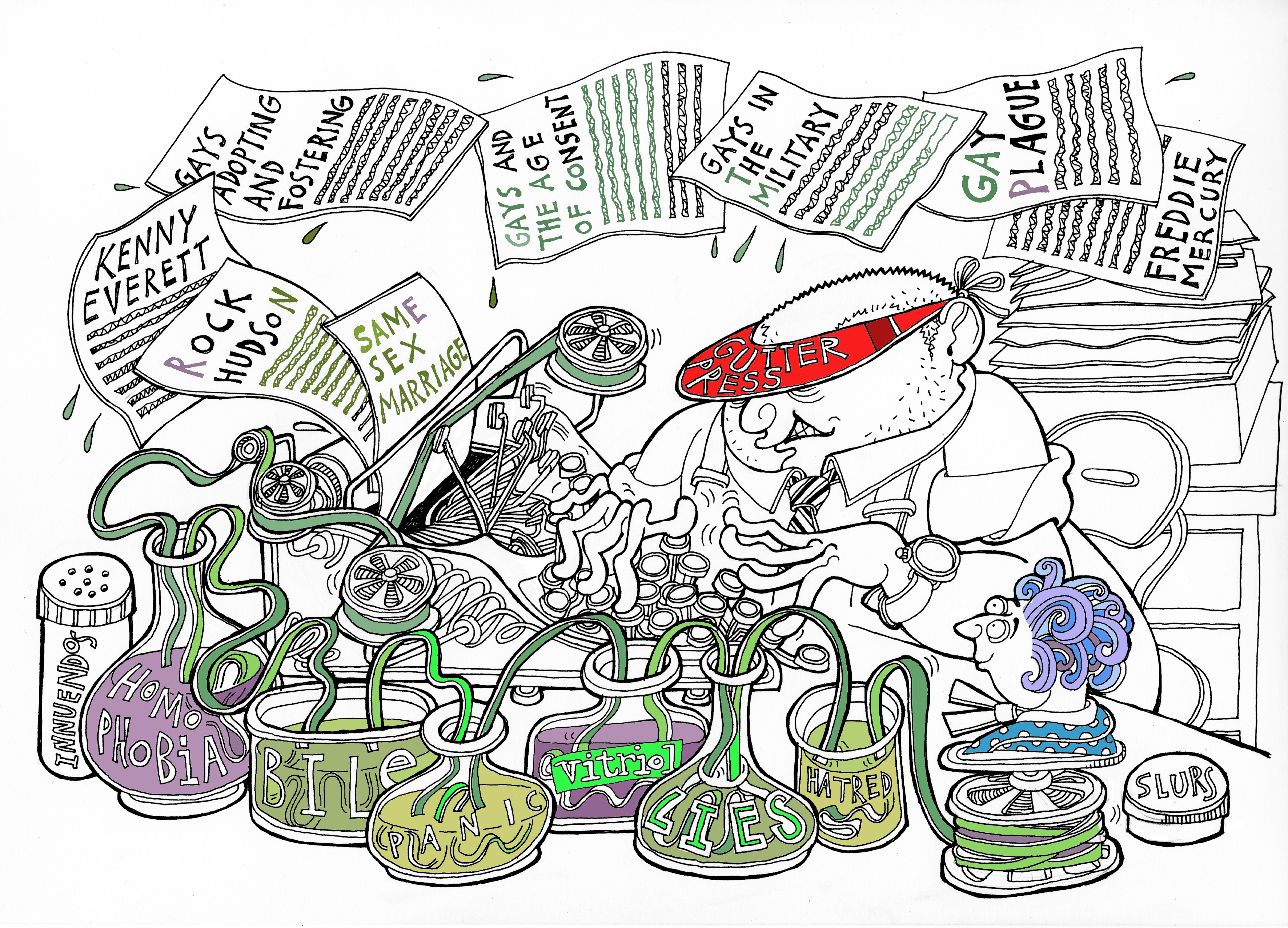 An editor of a gutter press newspaper writes hateful headlines about lesbians and gay men, using inks called 'lies, slurs, bile, homophobia, panic and vitriol'.